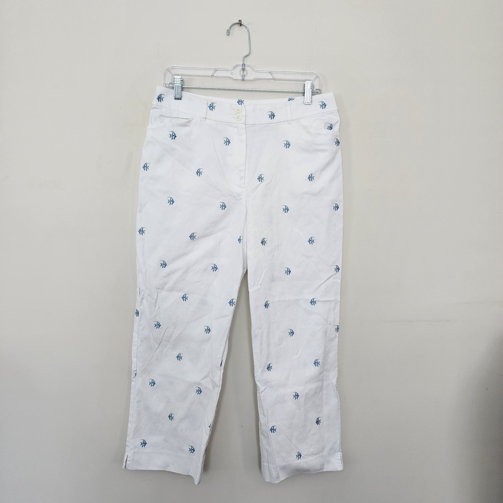 Allison Fit White Cropped Pants Blue Embroidered Fish Nautical Women Size 12